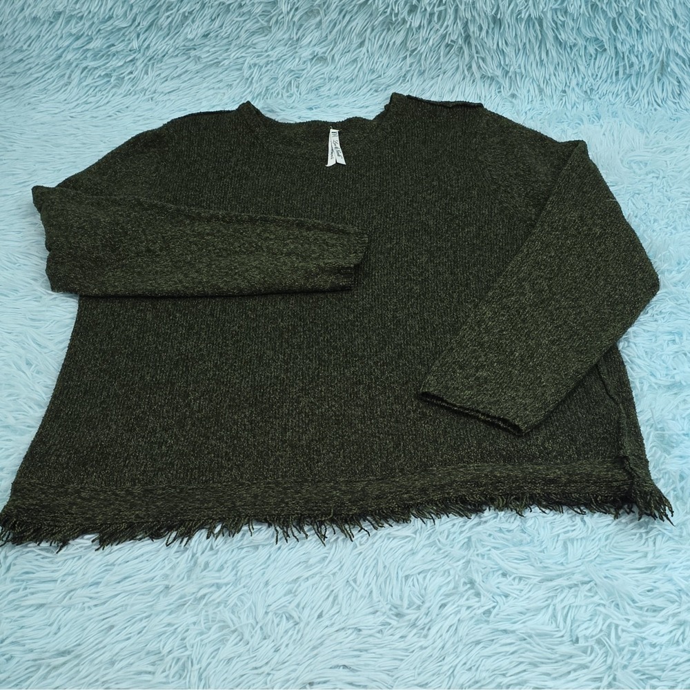 Leo & Nicole Fringe Hem Sweater XL Dark Green Textured Knit Crewneck Pullover